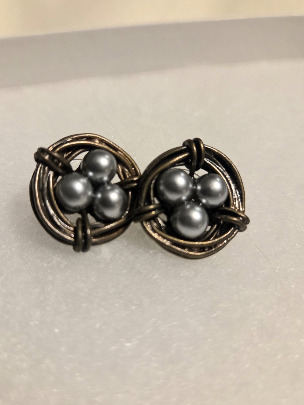 Plunder Bronze-Tone Nest Earrings with Silver-Gray Pearls
